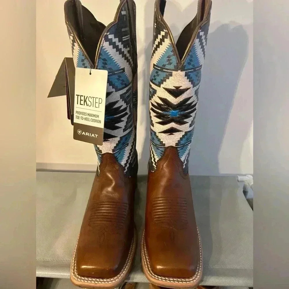 Ariat Brown Leather & Blue Patterned Western Combat Boots - Picture 2 of 5